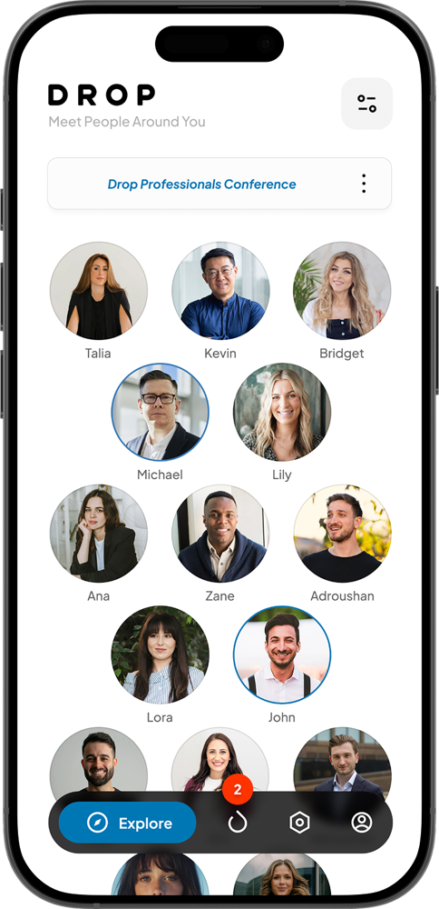 Drop live attendee feed listing nearby people at an event, closest first