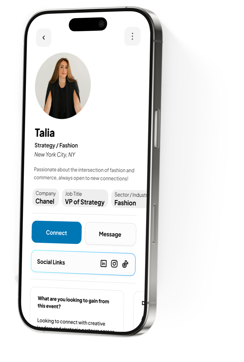 Drop attendee profile showing role, industry, and connection options